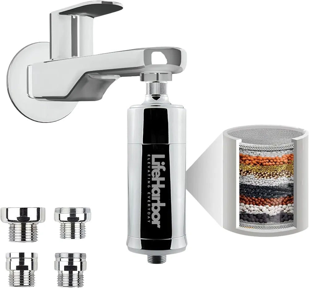 Life Harbor 15-stage Shower And Tap Water Softener For Bathroom | Filter For Hard Water And Chlorine | With Adapters | Shower Filter For Hard Water Gives Healthy Skin, Hair & Nails